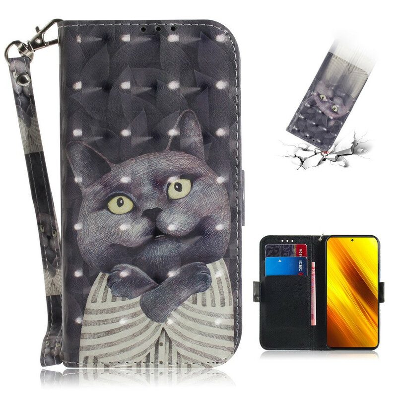 Lederhüllen Für Poco X3 / X3 Pro / X3 NFC Mit Kordel Graue Katze Mit Riemen