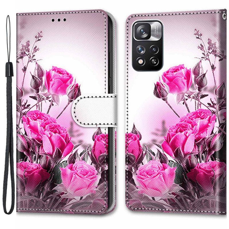 Flip Case Für Xiaomi Redmi Note 11 Pro Plus 5G Mit Kordel Riemenblumen