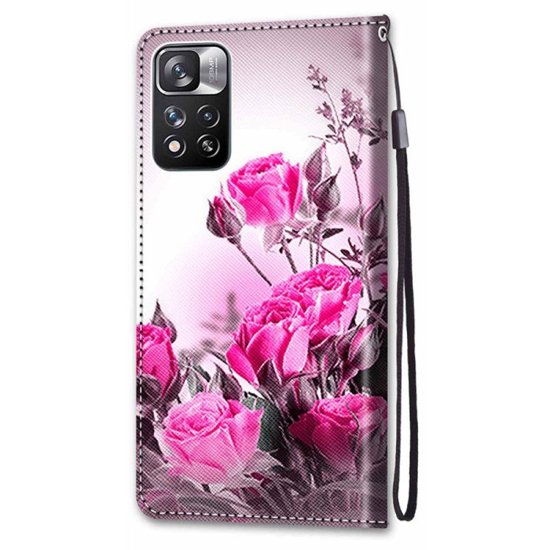 Flip Case Für Xiaomi Redmi Note 11 Pro Plus 5G Mit Kordel Riemenblumen