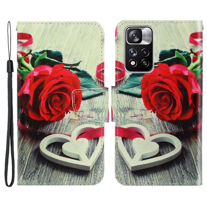 Flip Case Für Xiaomi Redmi Note 11 Pro Plus 5G Mit Kordel Romantische Rose Mit Riemen