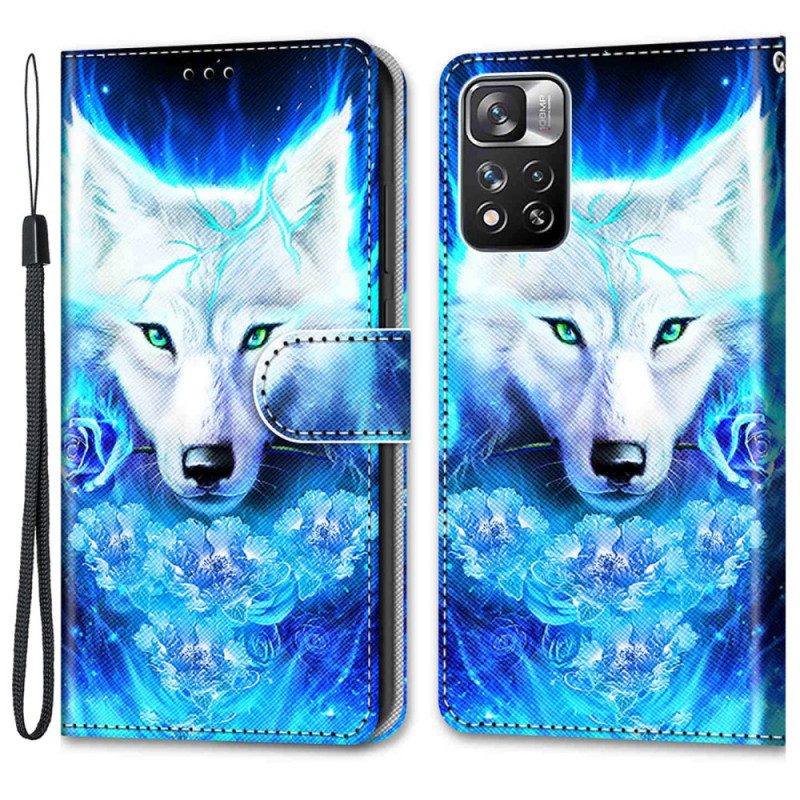 Flip Case Für Xiaomi Redmi Note 11 Pro Plus 5G Mit Kordel Schlüsselband Wolf