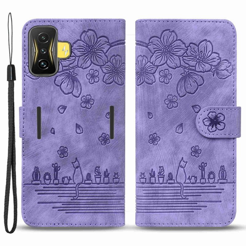 Flip Case Für Poco F4 Mit Kordel Blumen-tanga-katze