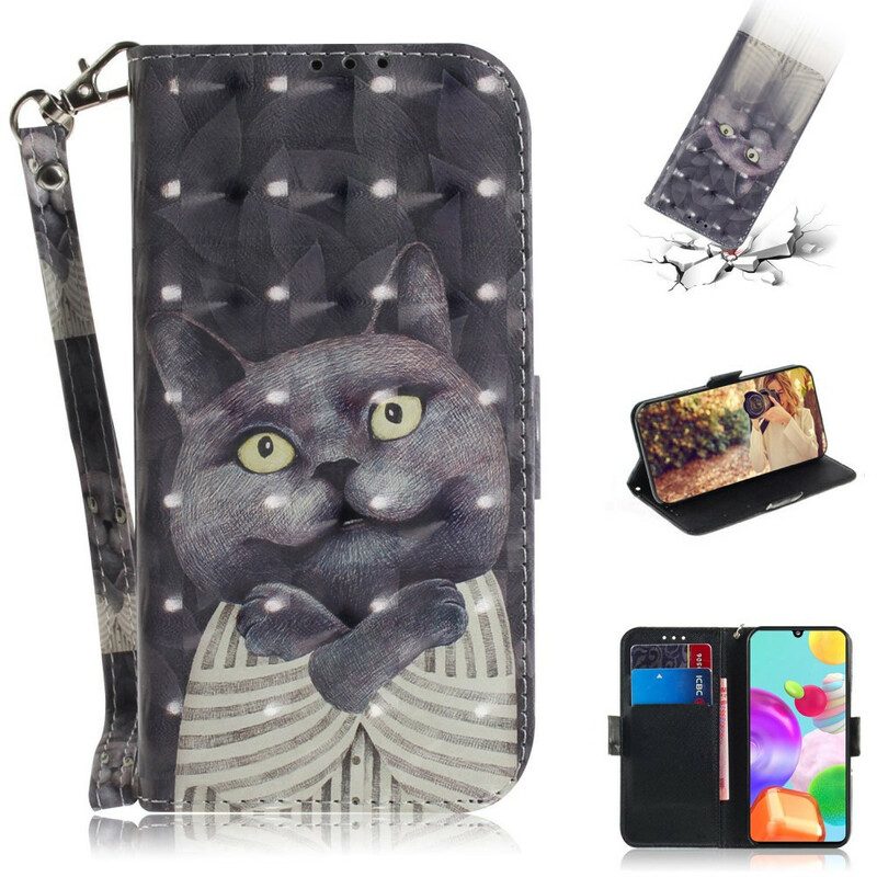 Flip Case Für Samsung Galaxy A41 Mit Kordel Graue Katze Mit Riemen