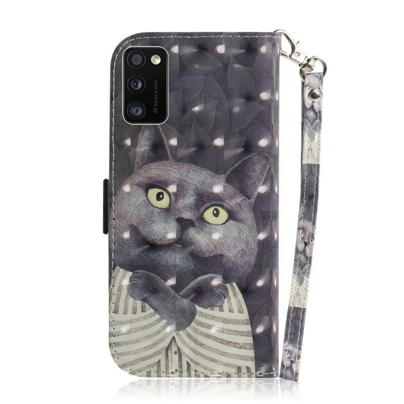 Flip Case Für Samsung Galaxy A41 Mit Kordel Graue Katze Mit Riemen