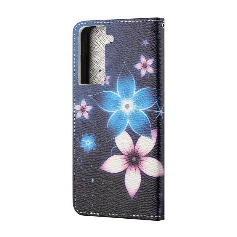 Flip Case Für Samsung Galaxy S21 5G Mit Kordel Mondriemenblumen