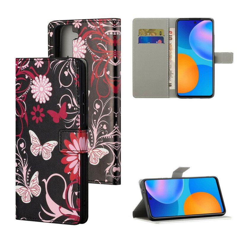 Flip Case Für Samsung Galaxy S21 5G Schmetterlinge Und Blumen