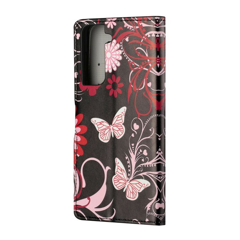 Flip Case Für Samsung Galaxy S21 5G Schmetterlinge Und Blumen