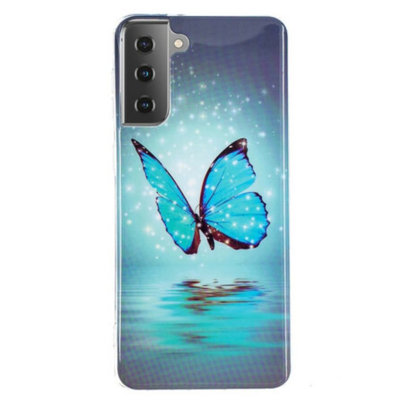 Handyhülle Für Samsung Galaxy S21 5G Fluoreszierender Blauer Schmetterling