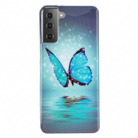 Handyhülle Für Samsung Galaxy S21 5G Fluoreszierender Blauer Schmetterling