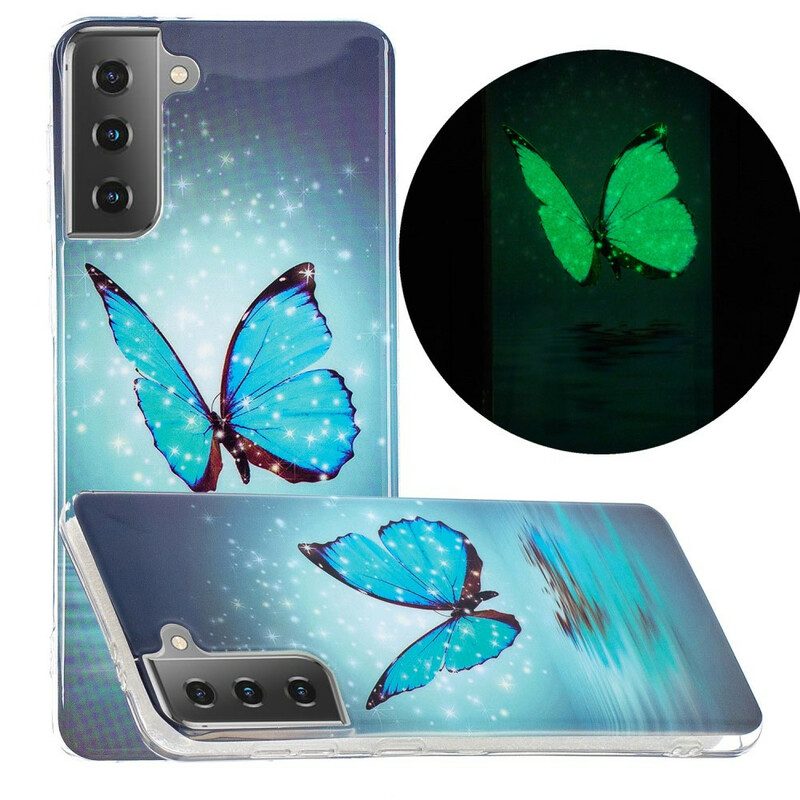 Handyhülle Für Samsung Galaxy S21 5G Fluoreszierender Blauer Schmetterling