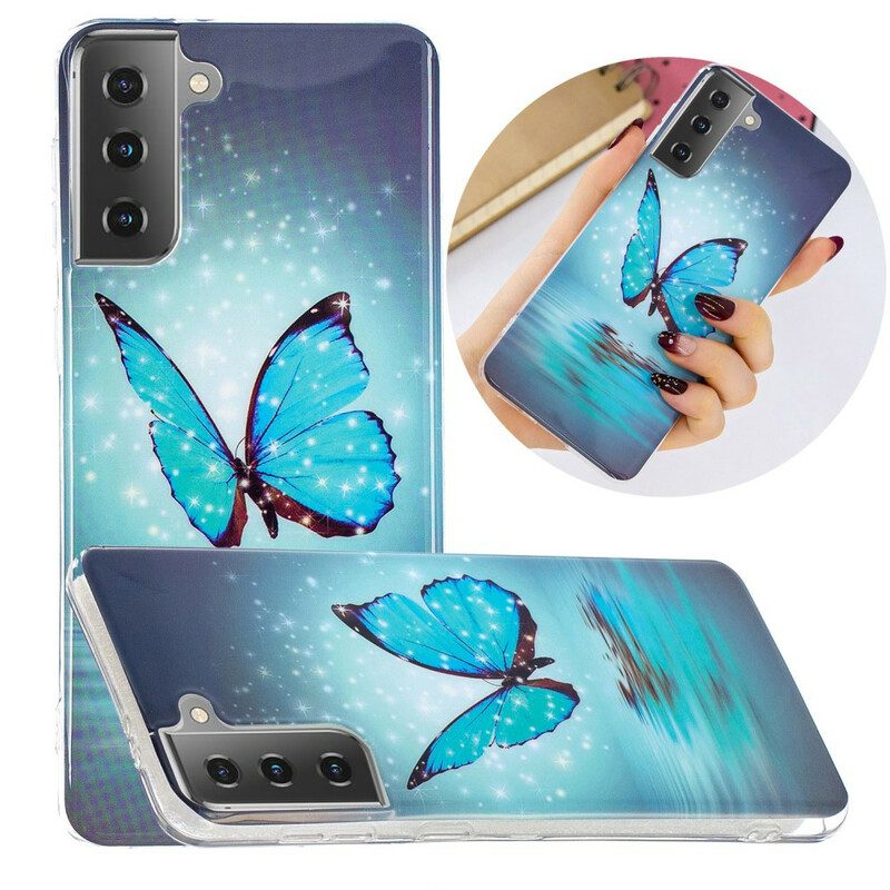 Handyhülle Für Samsung Galaxy S21 5G Fluoreszierender Blauer Schmetterling