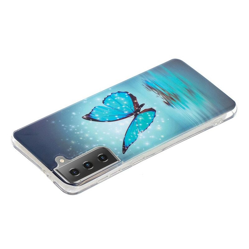 Handyhülle Für Samsung Galaxy S21 5G Fluoreszierender Blauer Schmetterling