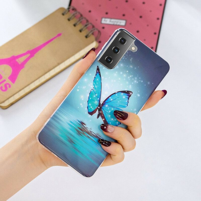 Handyhülle Für Samsung Galaxy S21 5G Fluoreszierender Blauer Schmetterling