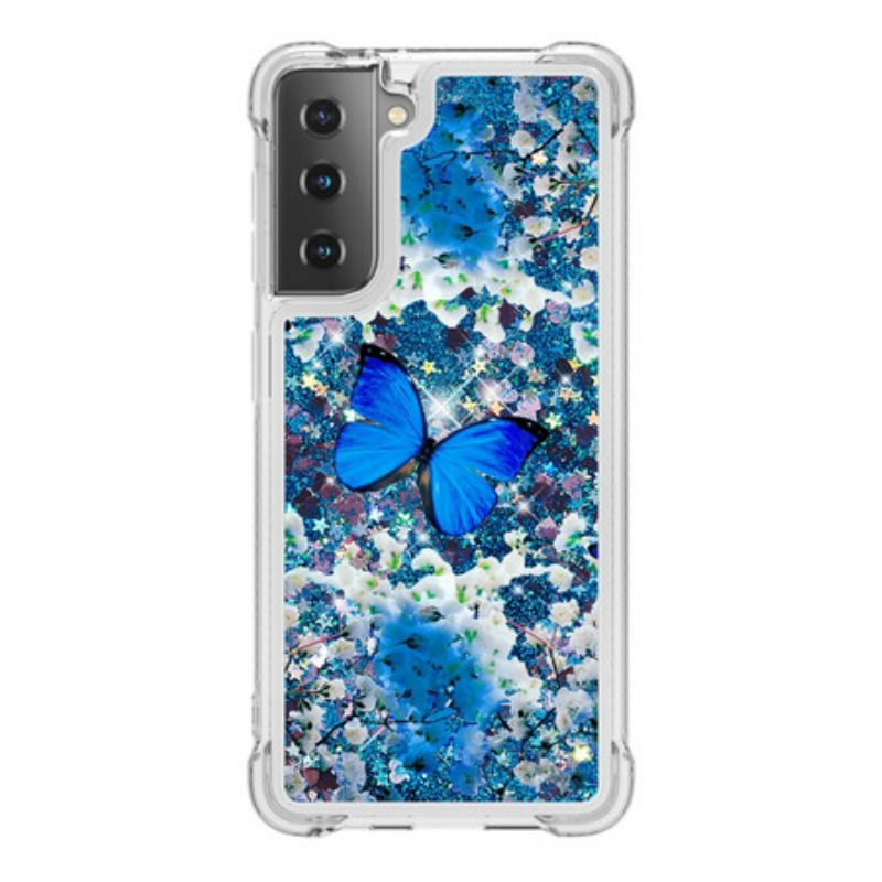 Hülle Für Samsung Galaxy S21 5G Glitzernde Blaue Schmetterlinge