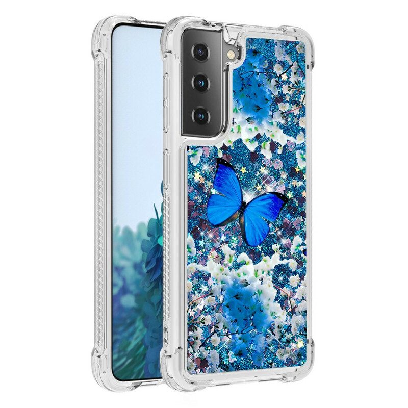 Hülle Für Samsung Galaxy S21 5G Glitzernde Blaue Schmetterlinge