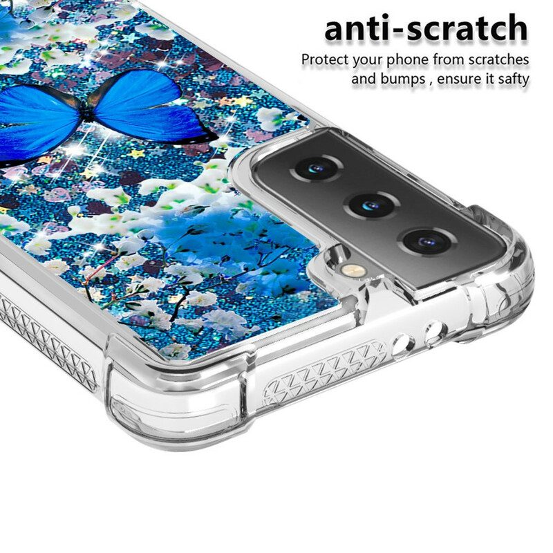 Hülle Für Samsung Galaxy S21 5G Glitzernde Blaue Schmetterlinge