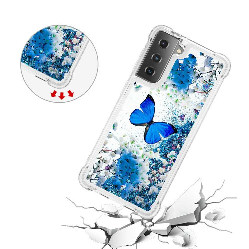 Hülle Für Samsung Galaxy S21 5G Glitzernde Blaue Schmetterlinge