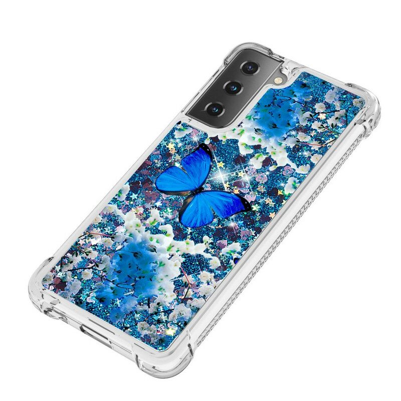 Hülle Für Samsung Galaxy S21 5G Glitzernde Blaue Schmetterlinge