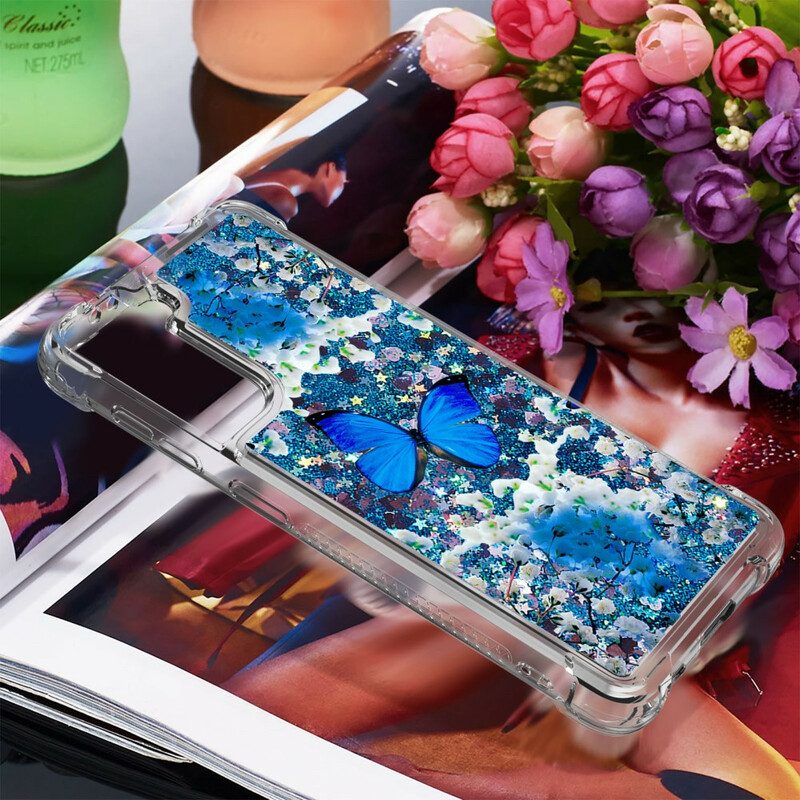 Hülle Für Samsung Galaxy S21 5G Glitzernde Blaue Schmetterlinge