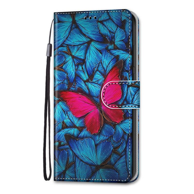 Lederhüllen Für Samsung Galaxy S21 5G Roter Schmetterling. Blauer Hintergrund