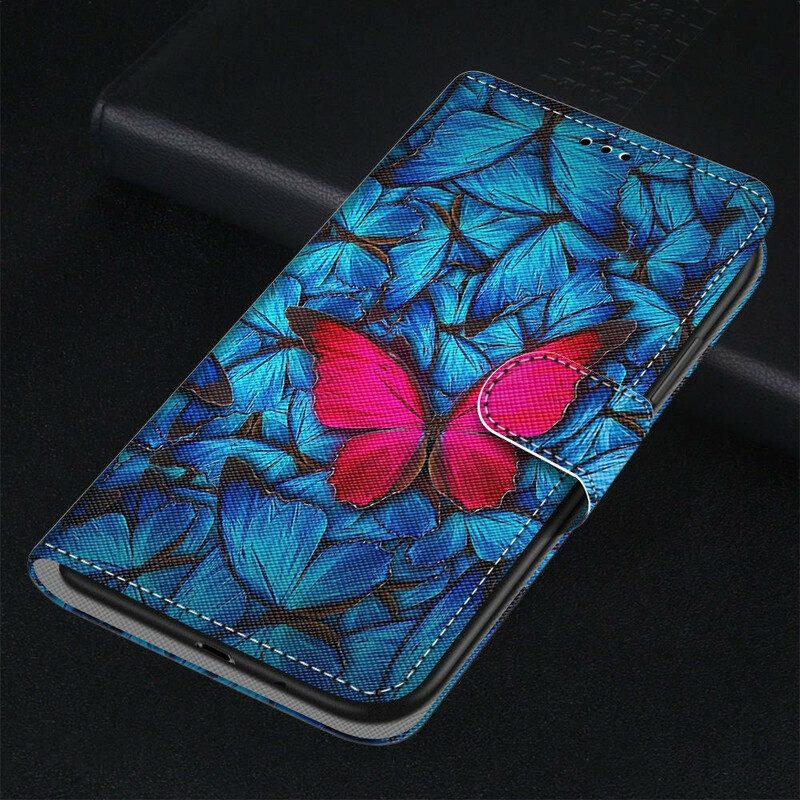 Lederhüllen Für Samsung Galaxy S21 5G Roter Schmetterling. Blauer Hintergrund