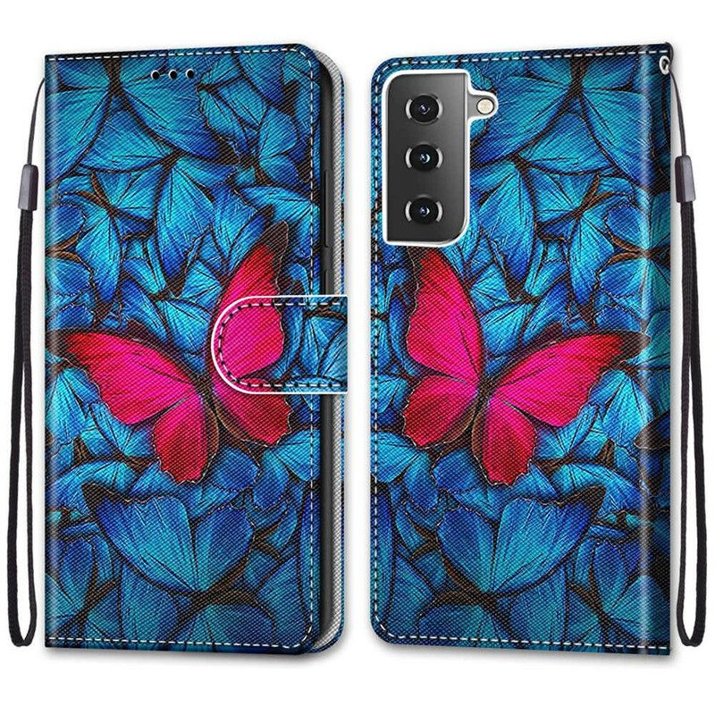 Lederhüllen Für Samsung Galaxy S21 5G Roter Schmetterling. Blauer Hintergrund