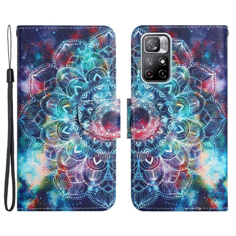 Flip Case Für Poco M4 Pro 5G Mit Kordel Auffälliger Halber Mandala-riemchen