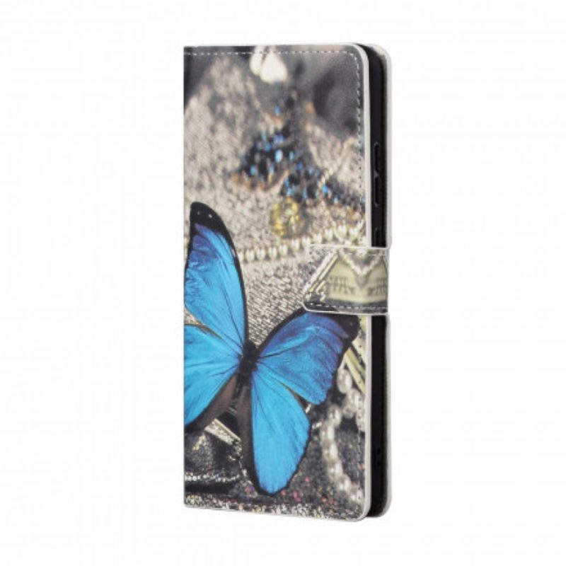 Flip Case Für Xiaomi Redmi 10 Mit Kordel Blauer Schmetterling Mit Riemen