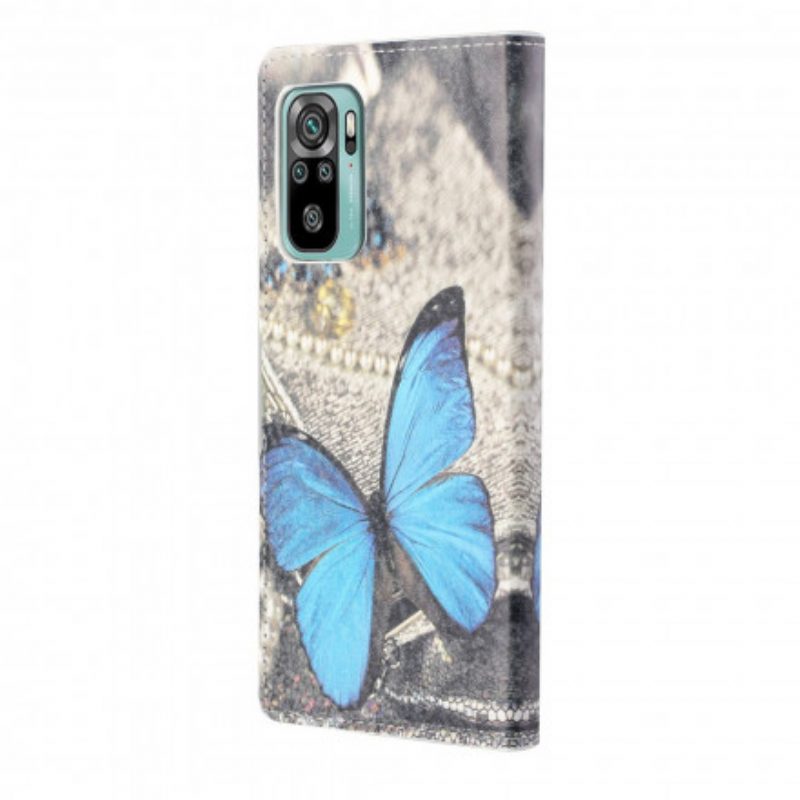 Flip Case Für Xiaomi Redmi 10 Mit Kordel Blauer Schmetterling Mit Riemen