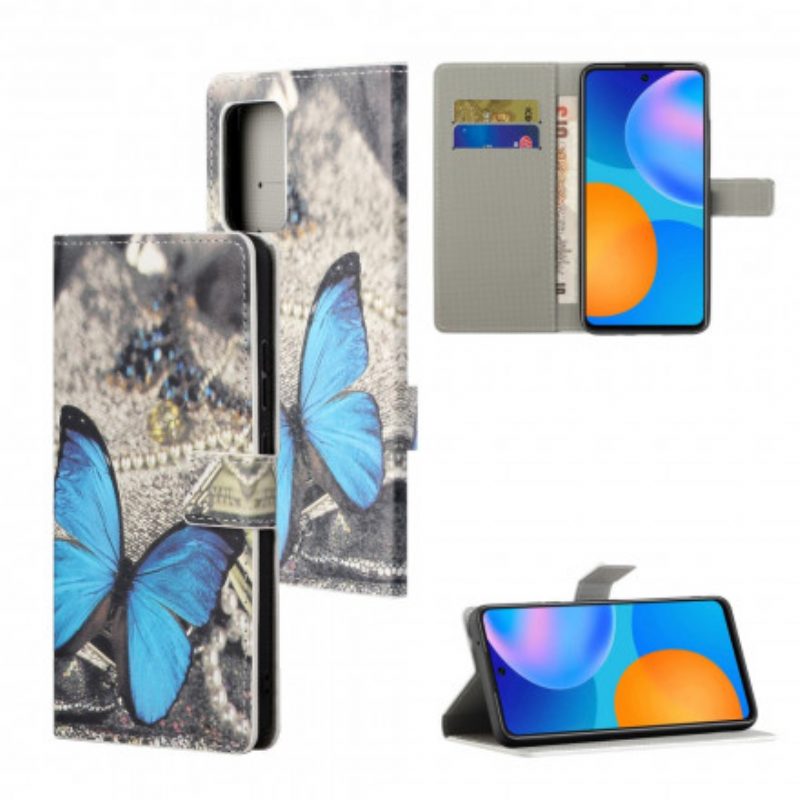 Flip Case Für Xiaomi Redmi 10 Mit Kordel Blauer Schmetterling Mit Riemen