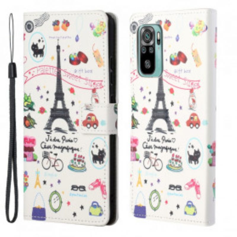 Flip Case Für Xiaomi Redmi 10 Mit Kordel Ich Liebe Paris In Lanière