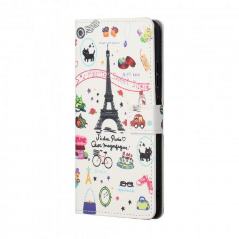 Flip Case Für Xiaomi Redmi 10 Mit Kordel Ich Liebe Paris In Lanière