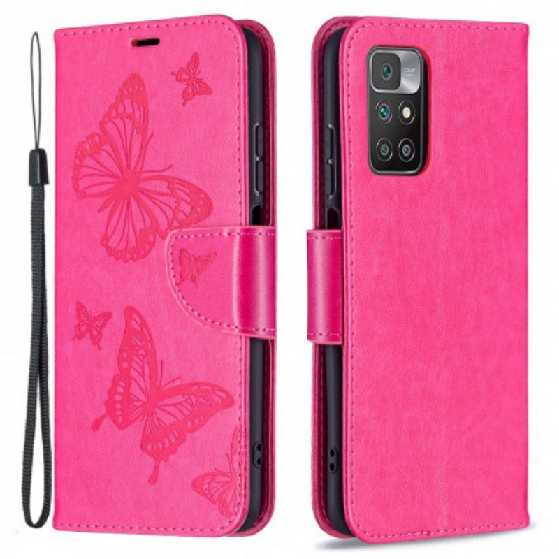 Flip Case Für Xiaomi Redmi 10 Mit Kordel Riemchen Mit Schmetterlingen-print