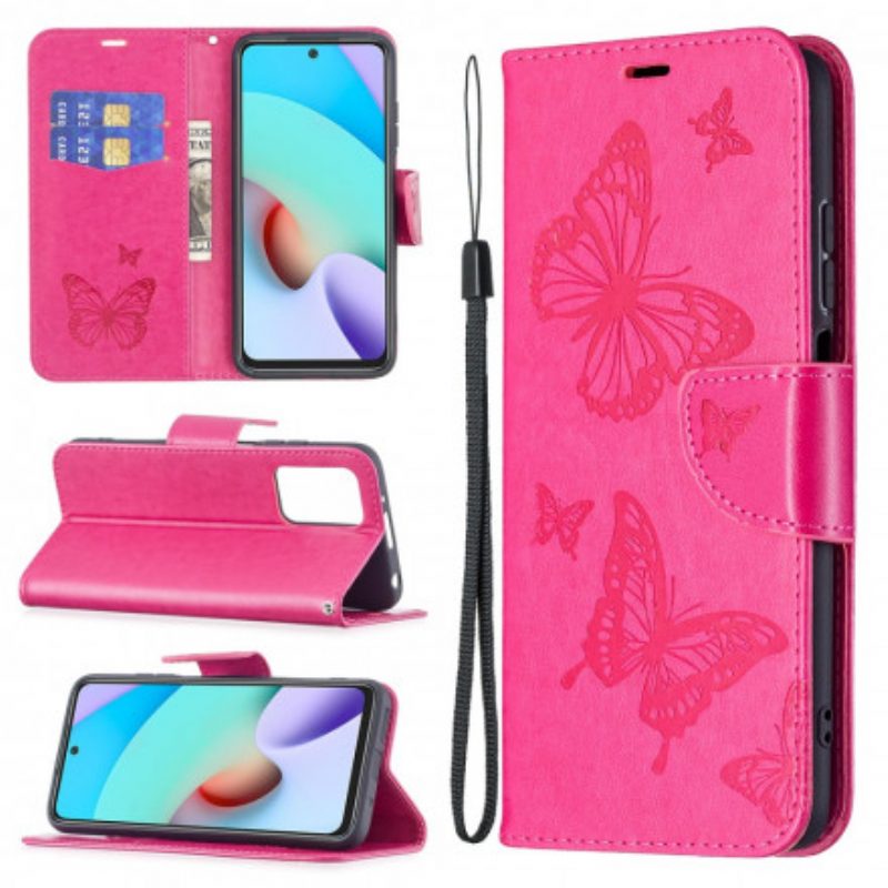 Flip Case Für Xiaomi Redmi 10 Mit Kordel Riemchen Mit Schmetterlingen-print