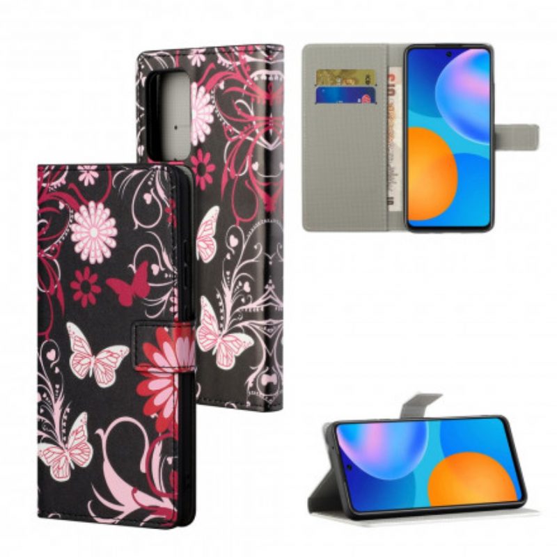 Flip Case Für Xiaomi Redmi 10 Mit Kordel Schmetterlings- Und Blumenarmband