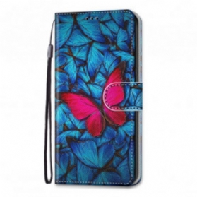 Flip Case Für Xiaomi Redmi 10 Roter Schmetterling. Blauer Hintergrund