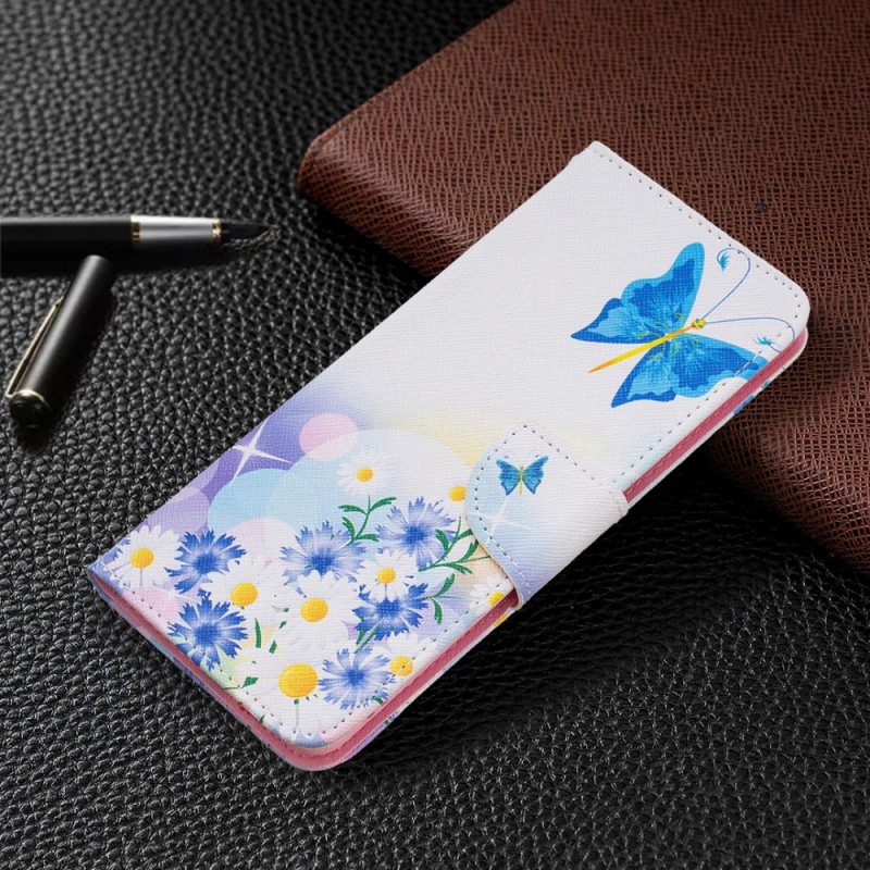 Lederhüllen Für Samsung Galaxy M52 5G Schmetterling Und Blumen