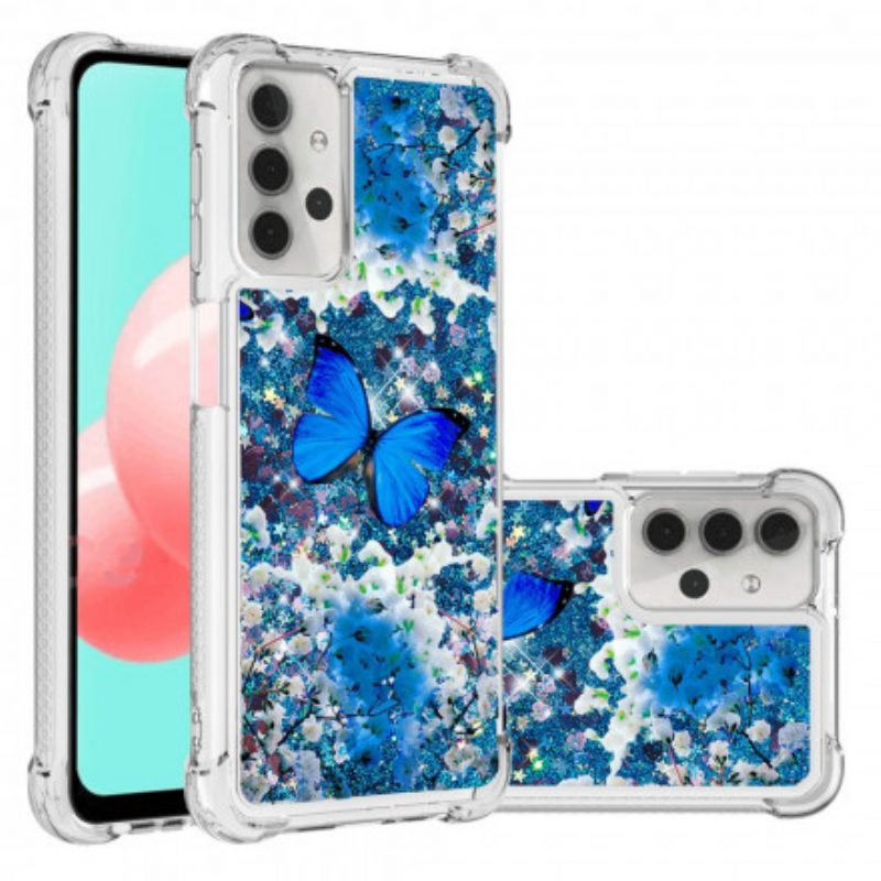 Hülle Für Samsung Galaxy A32 5G Glitzernde Blaue Schmetterlinge