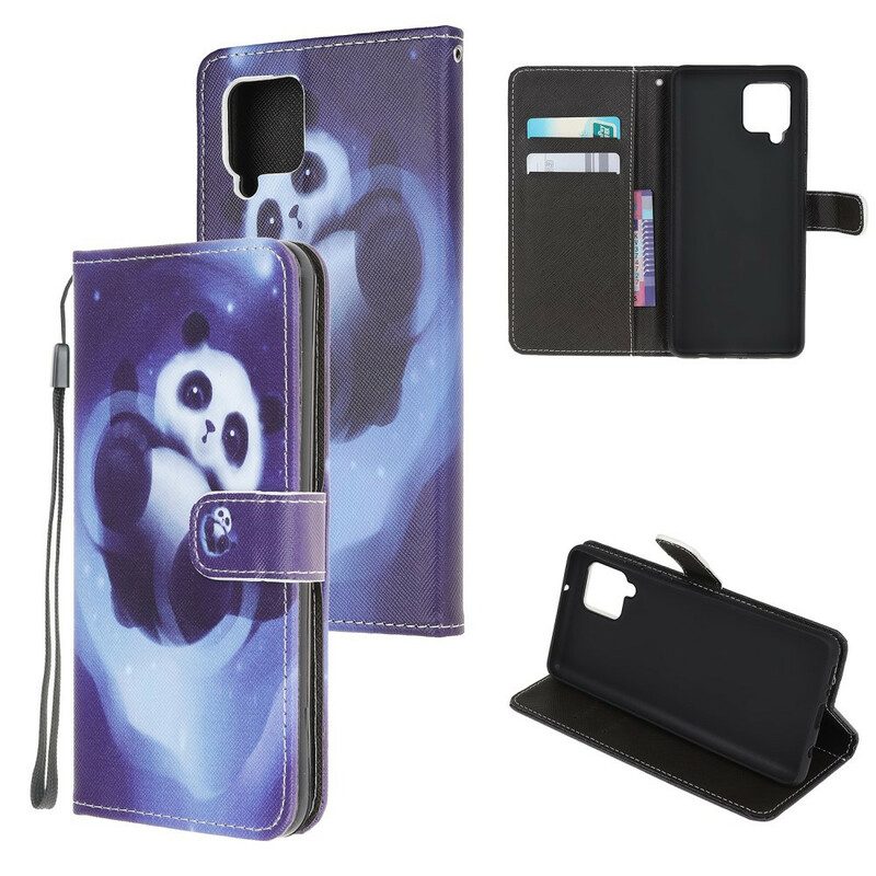 Flip Case Für Samsung Galaxy M12 / A12 Mit Kordel Panda Space Mit Schlüsselband