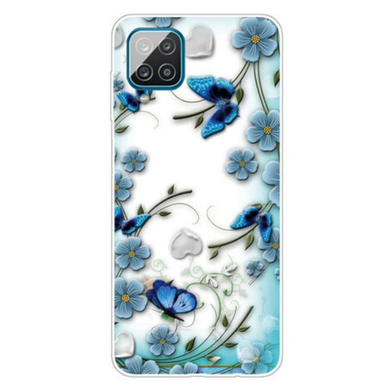 Handyhülle Für Samsung Galaxy M12 / A12 Nahtlose Retro-schmetterlinge Und Blumen