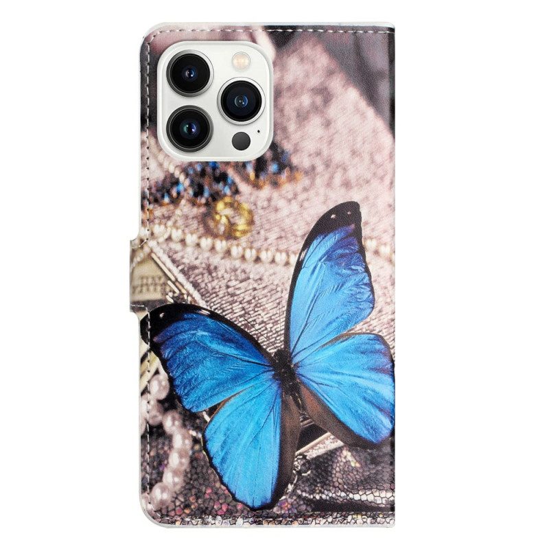 Lederhüllen Für iPhone 16 Pro Max Blauer Schmetterling