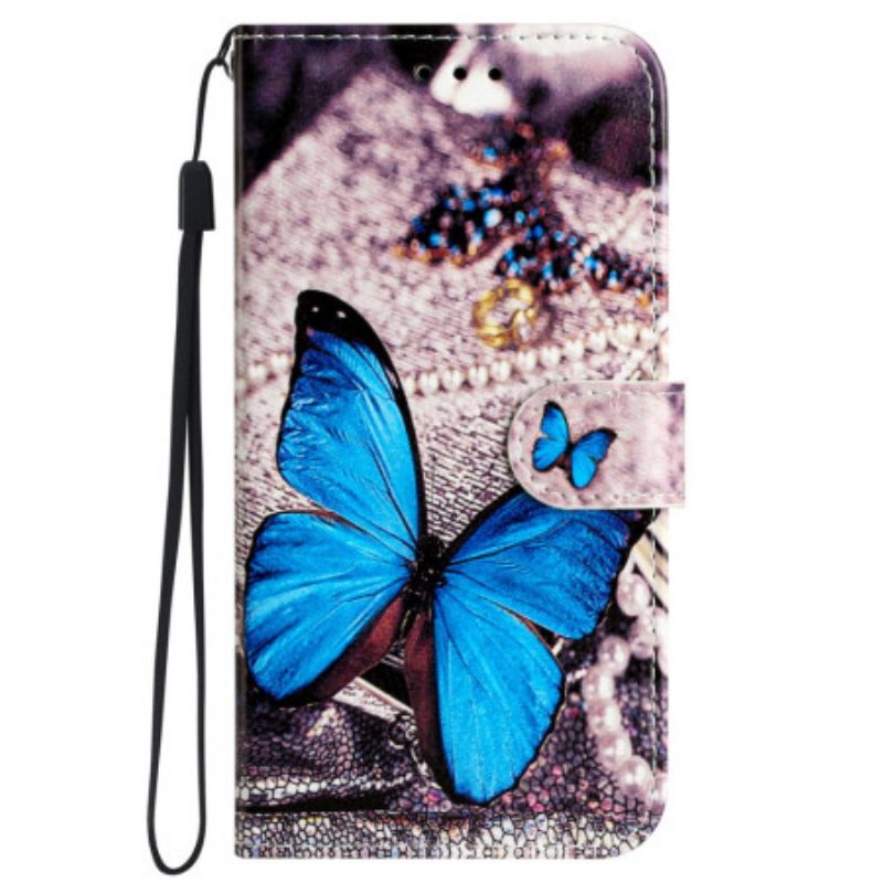 Lederhüllen iPhone 16 Pro Max Handyhülle Blauer Schmetterling Mit Riemen