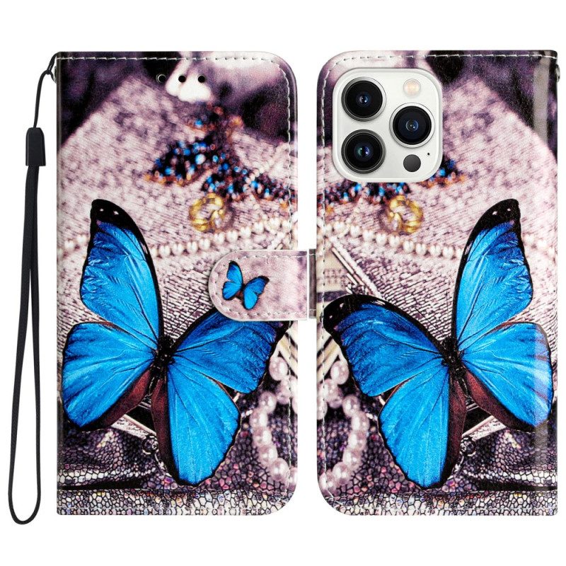 Lederhüllen iPhone 16 Pro Max Handyhülle Blauer Schmetterling Mit Riemen