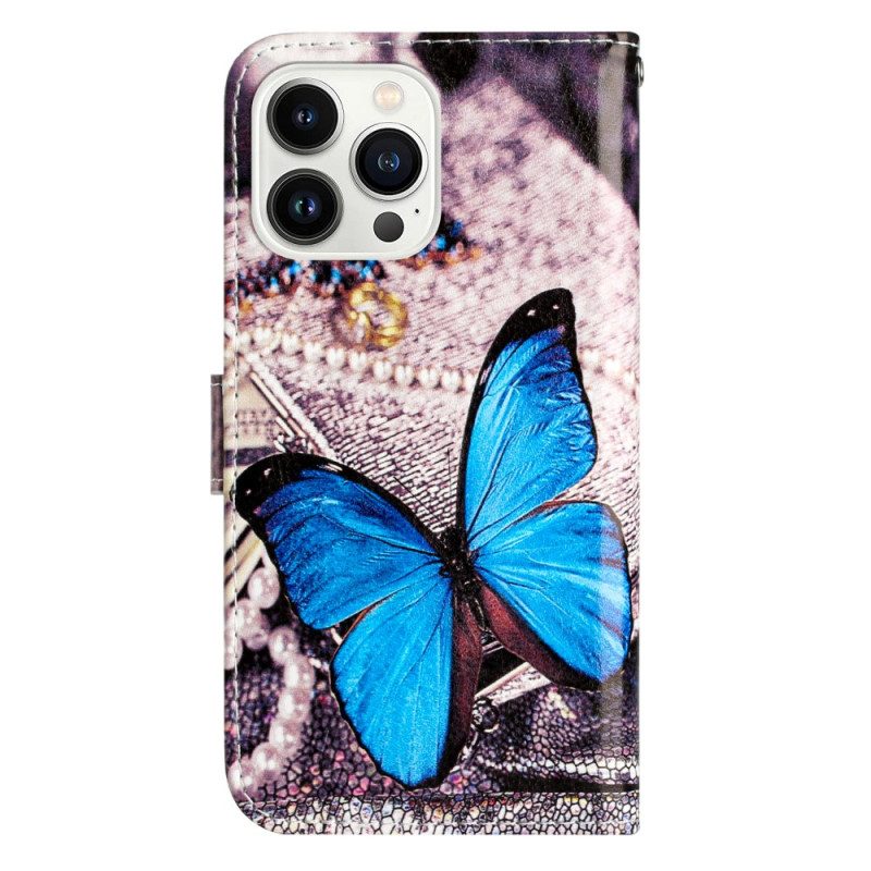 Lederhüllen iPhone 16 Pro Max Handyhülle Blauer Schmetterling Mit Riemen