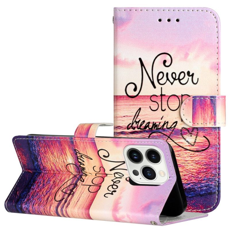 Lederhüllen iPhone 16 Pro Max Handyhülle Never Stop Dreaming Mit Strap