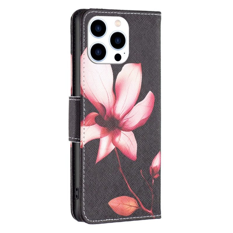 Lederhüllen iPhone 16 Pro Max Handyhülle Rosa Blume Mit Schwarzem Hintergrund