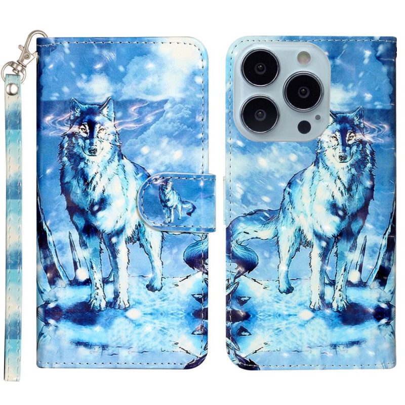 Lederhüllen iPhone 16 Pro Max Handyhülle Schneewolf Mit Riemen