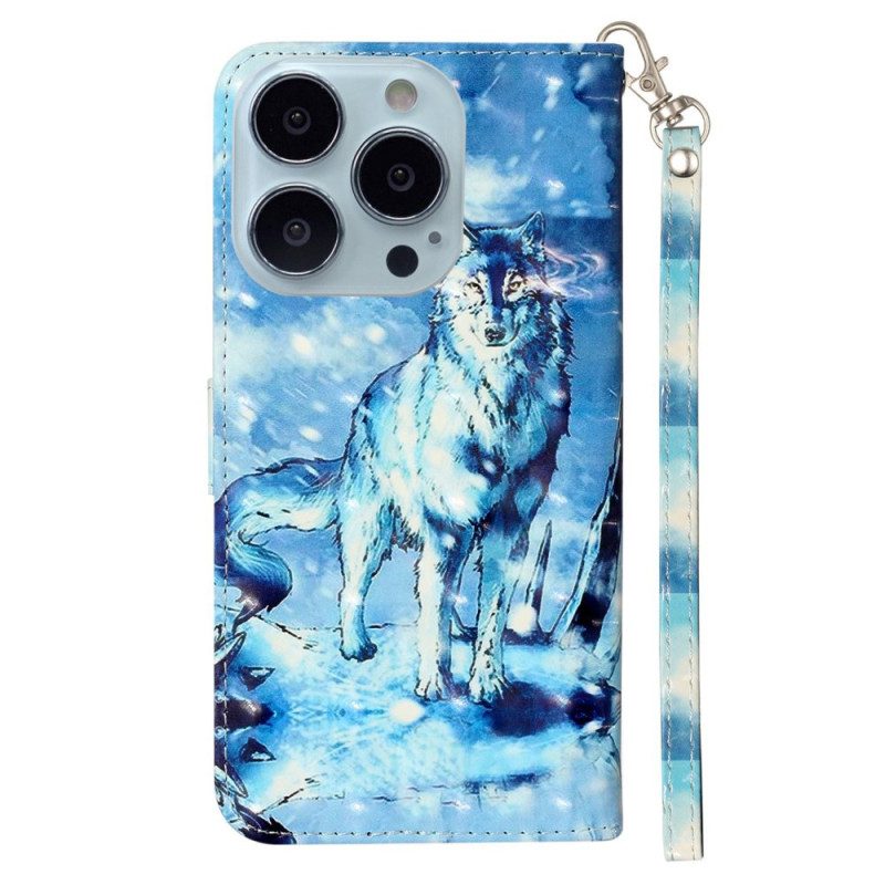 Lederhüllen iPhone 16 Pro Max Handyhülle Schneewolf Mit Riemen