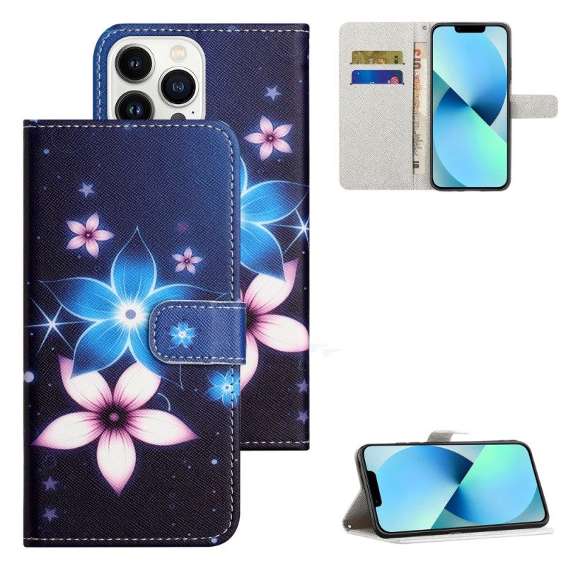 Lederhüllen iPhone 16 Pro Max Mondblumen Mit Riemen