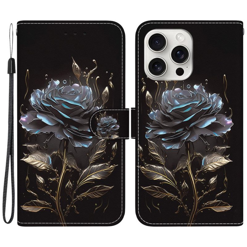 Lederhüllen iPhone 16 Pro Max Schwarze Rose Mit Riemen